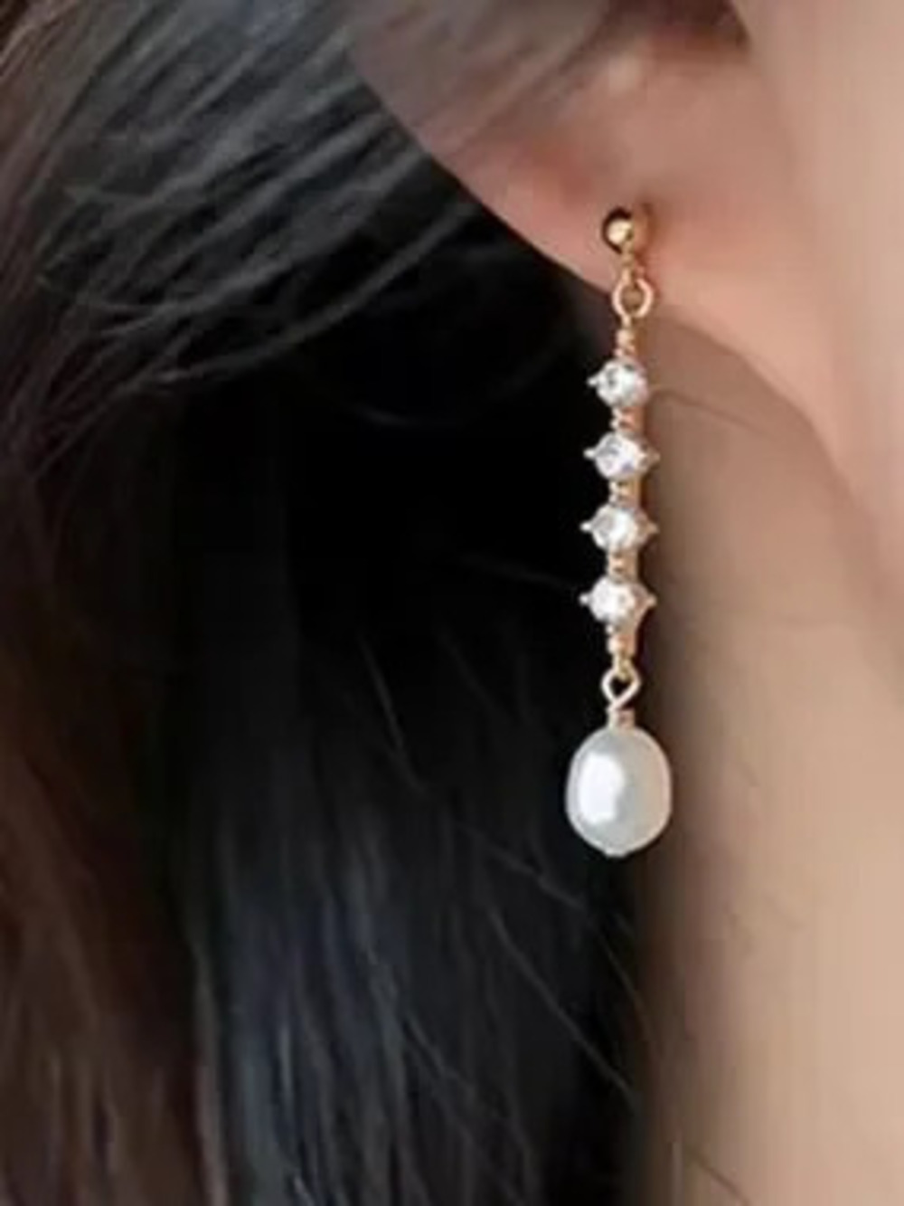 Gold and White Pearl Drop Earrings with Crystal Chain
